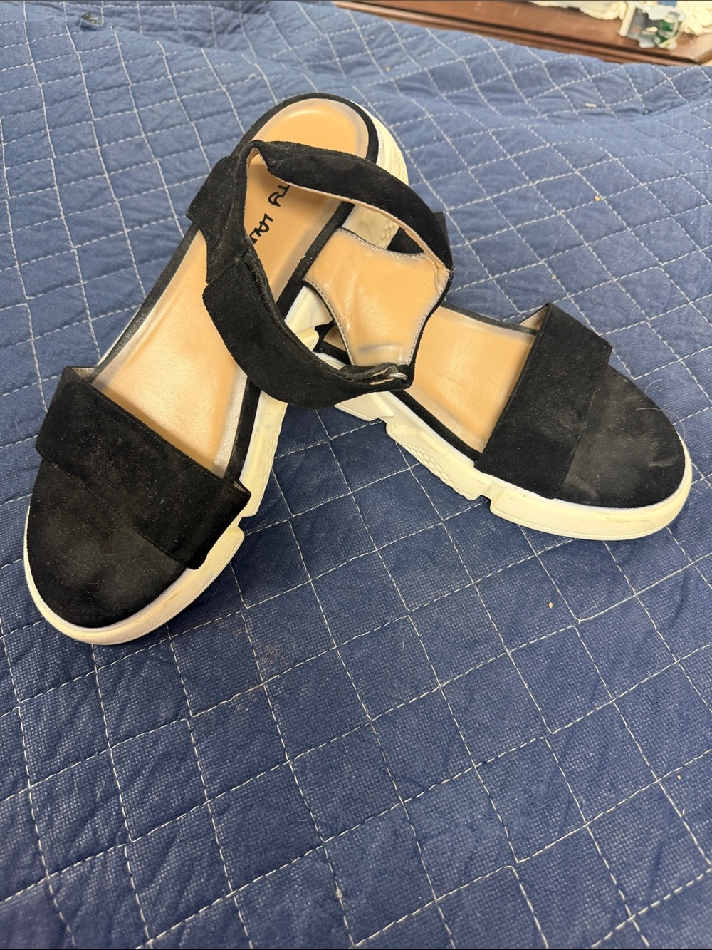 Dirty Laundry Black Suede Slip-On Sandals with White Sole